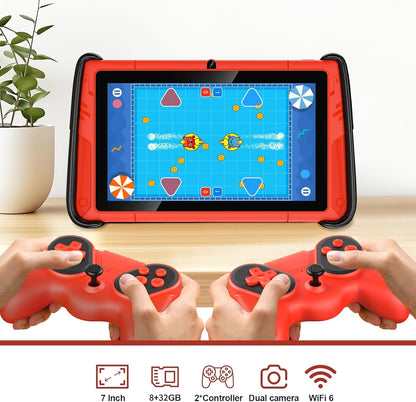 7 Inch Kids Tablets, Wifi Tablets for Kids, 8GB RAM, 32GB Rom,(Expandable 512GB), Toddler Tablet, Parental Control, Android 15, Sports Car Design, Toddler Tablet PC with Two Gamepad(Red).