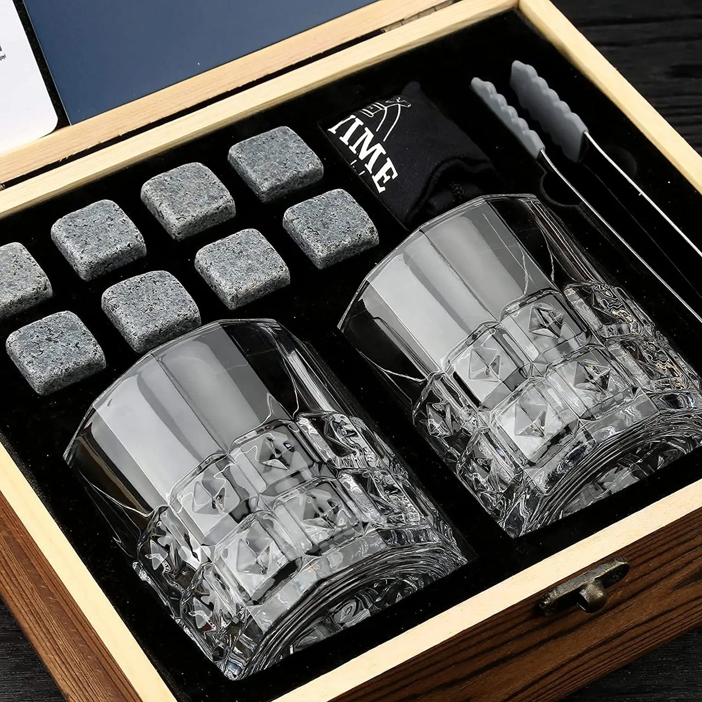 Whisky Stones Glasses Gift Set,Velvet Bag for Drinking Scottish Whiskey or Gin, Wooden Box Present for Christmas/Birthday