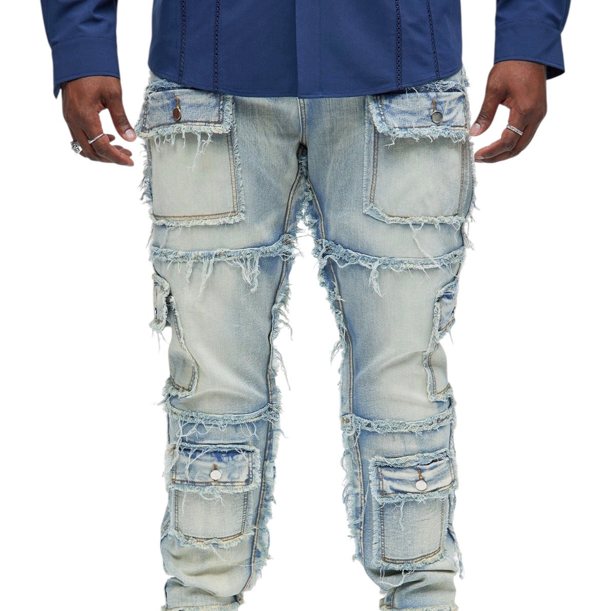 One Way Cargo Frayed Straight Jeans Medium Wash