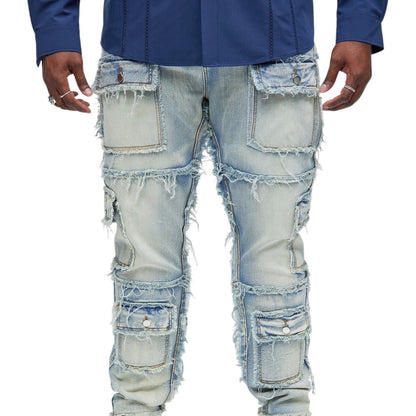 One Way Cargo Frayed Straight Jeans Medium Wash