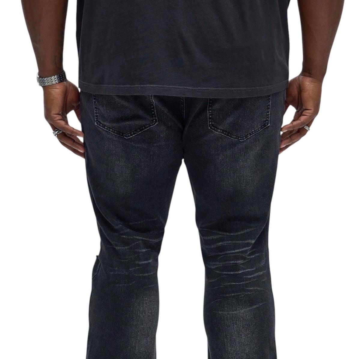 Stacked Skinny Flare Slit Let’s Go Distressed Jeans Black Wash