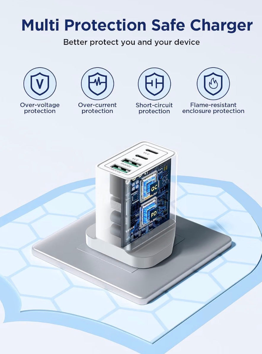 40W 4-Port USB-C Fast Charger Plug UK PD QC Multiport Wall Adapter