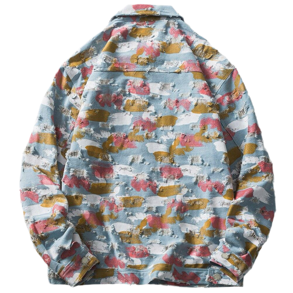 Watercolor Graffiti Hole Ripped Denim Jacket Men Fashion Hip Hop Style