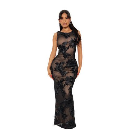 Angelina Embroidered Floral Mesh Maxi Dress Black Combo