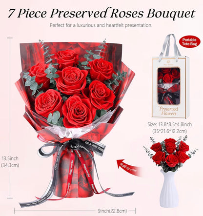 7 Roses Bouquet with Vase, Forever Bouquet Flowers, Eternal Preserved Real Rose, Gifts for Woman Wife Girlfriend, Gifts for her on Birthday, Anniversary, Valentine's Day, Mother's Day, Christmas（Red)