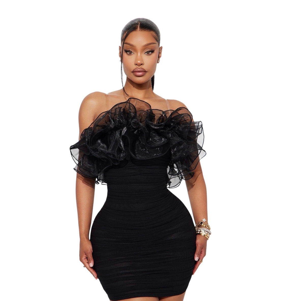 Ruffle Mami Mesh Mini Dress Black