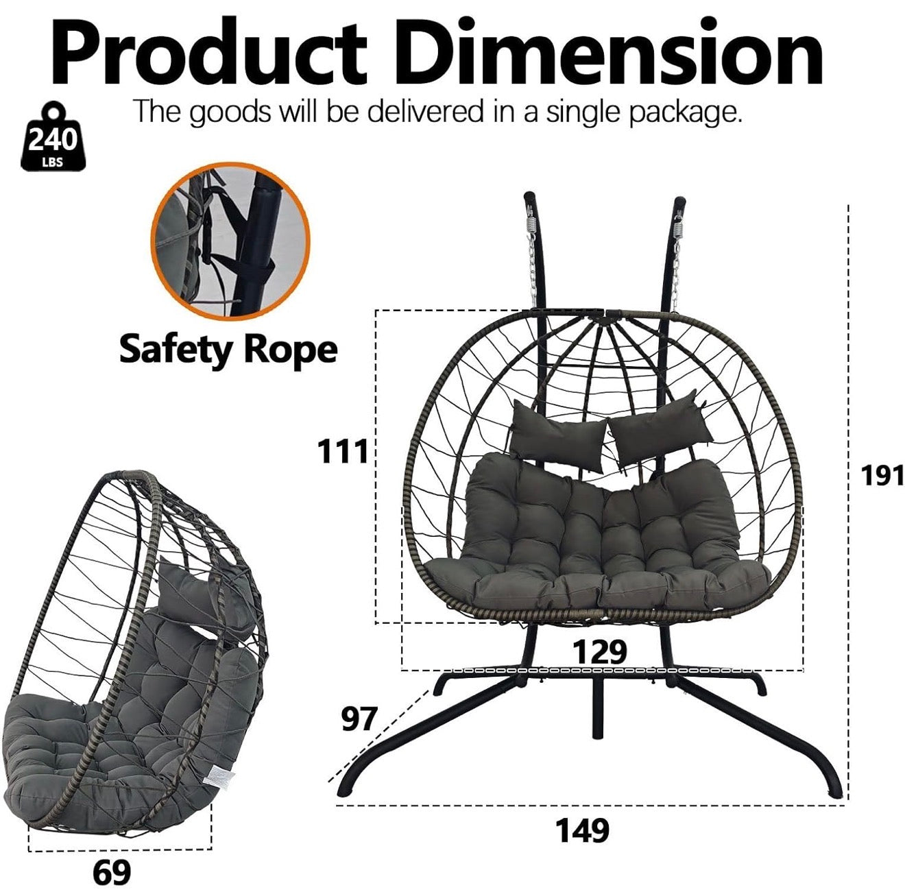 BIRCHTREE Double Hanging Egg Chair with Stand PE Rattan Garden Swing Grey