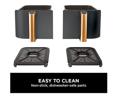Foodi MAX Dual Zone Air Fryer, Amazon Exclusive, Tongs, 2 Drawers, 9.5L, 6-in-1, Use No Oil, Air Fry, Max Crisp, Roast, Bake, 8 Portions, Nonstick Dishwasher Safe Baskets, Copper/Black AF400UKCP