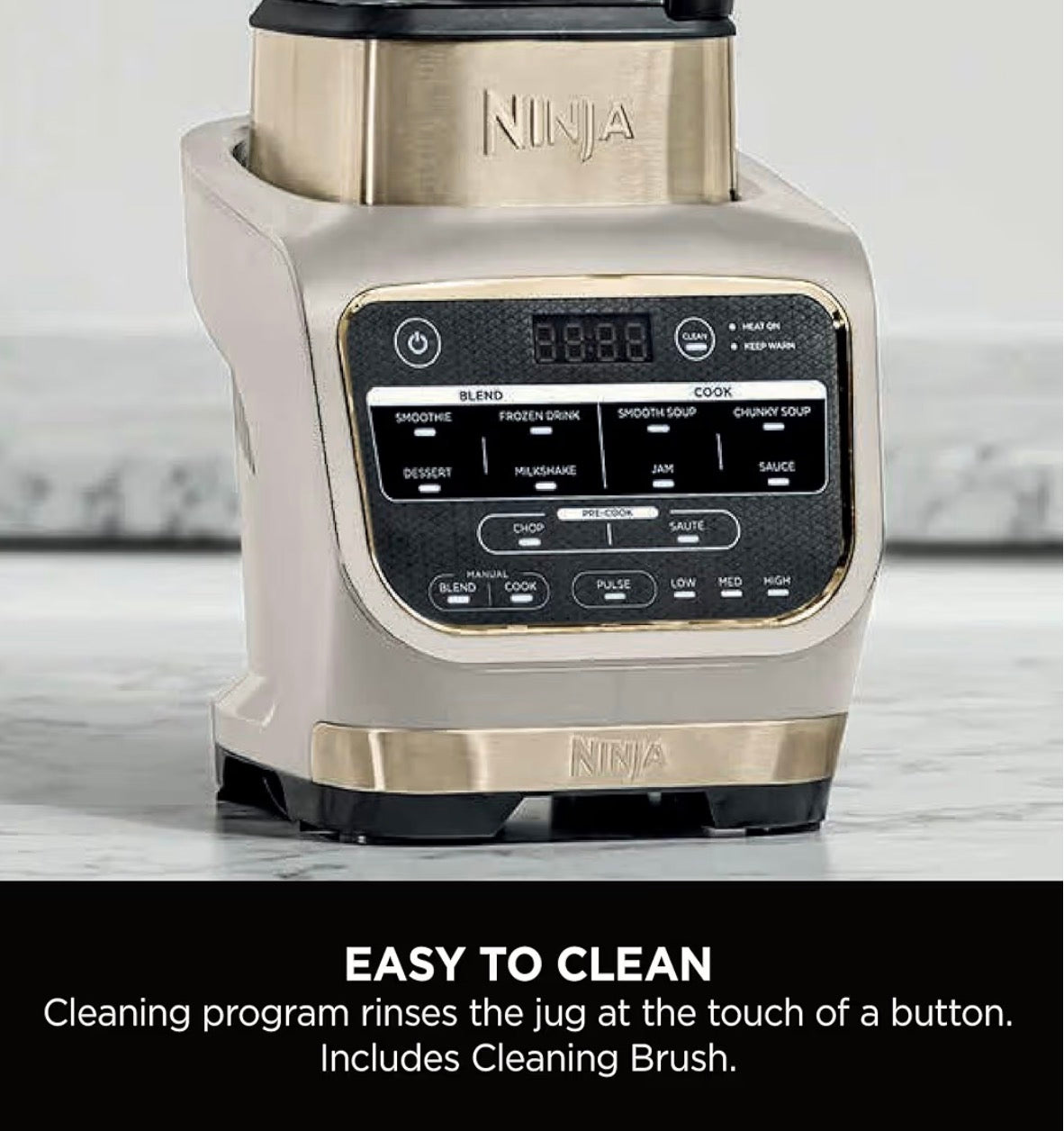 Foodi Blender & Soup Maker, 10 Auto-iQ Programs, 1.7L Glass Jug, Hot & Cold Blender, Built-In Heating Element, Tamper, Cleaning Program & Brush, 1000W, Stone Gold, HB150UKSTGD
