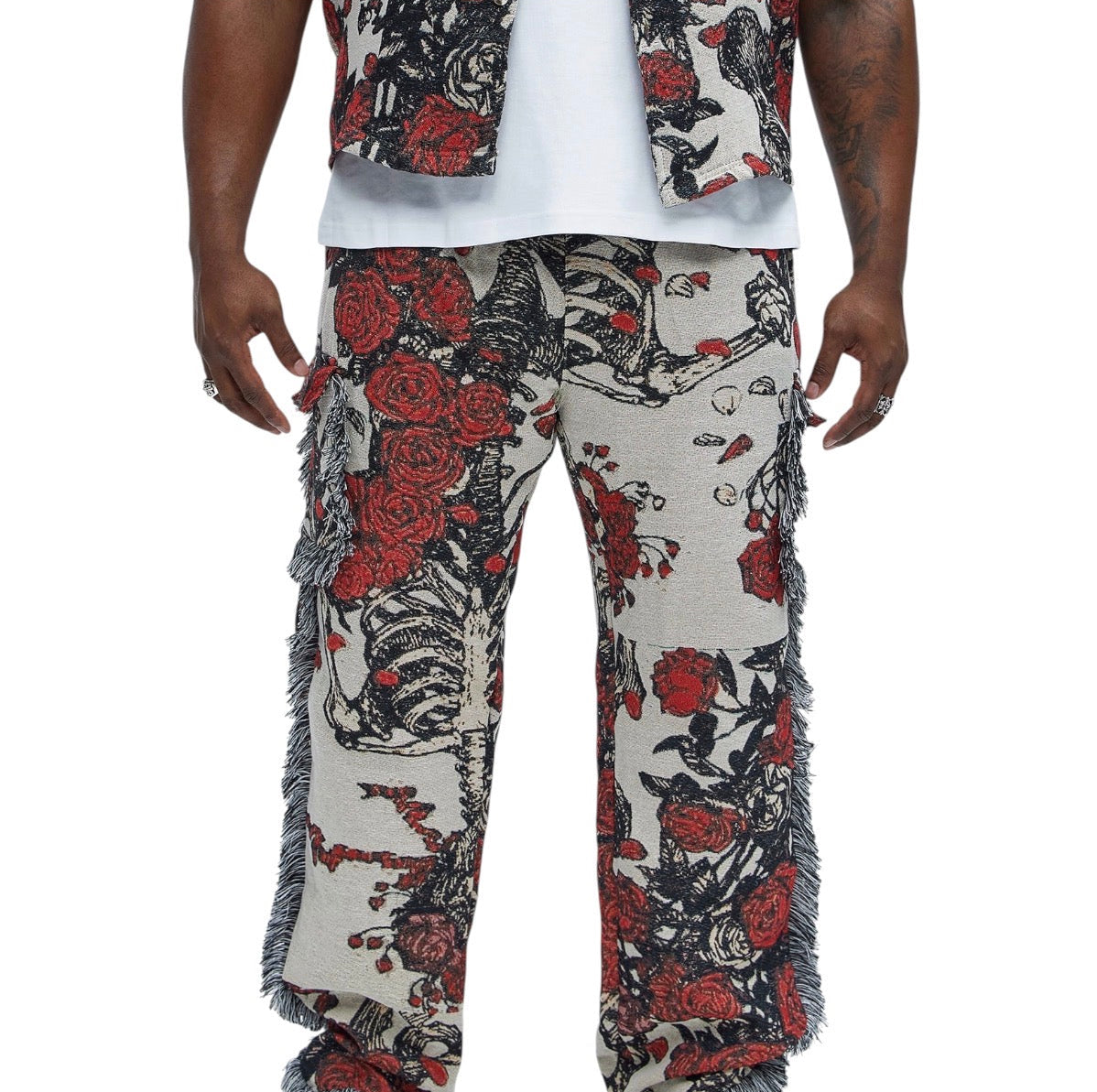 Straight Petals Tapestry Cargo Pants Red Combo