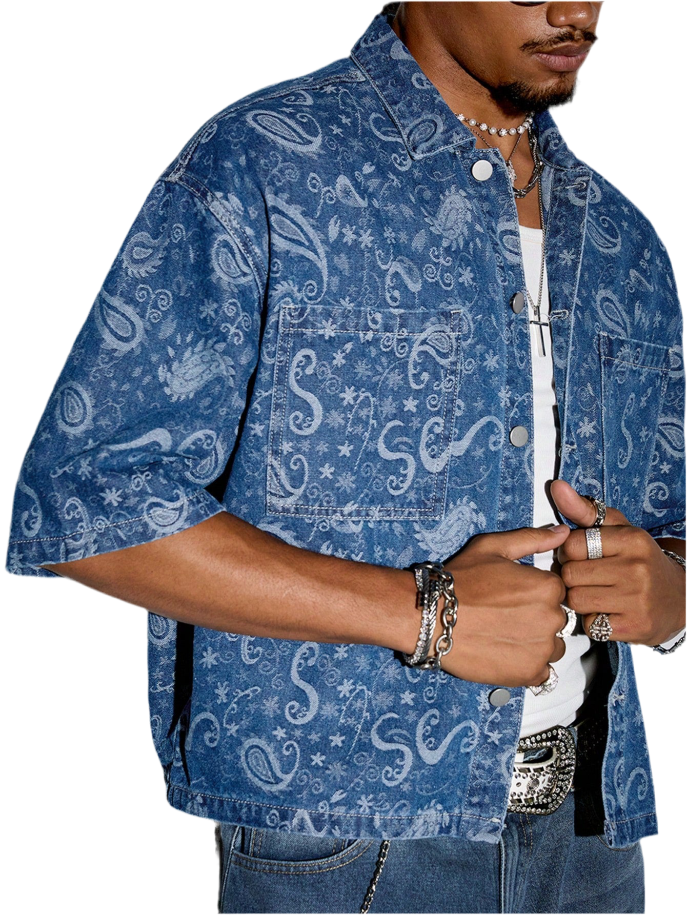 ROMWE Men’s Paisley Print Patchwork Denim Shirt – Short Sleeve Summer Vacation Shirt