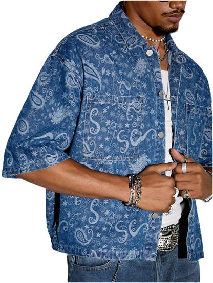 ROMWE Men’s Paisley Print Patchwork Denim Shirt – Short Sleeve Summer Vacation Shirt