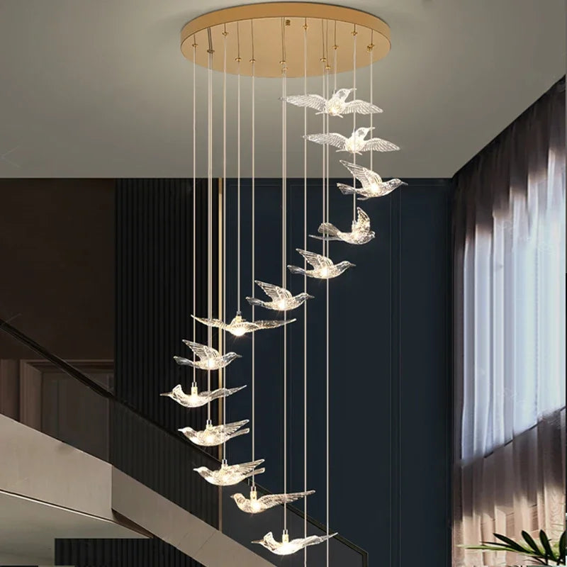 Luxury Led Chandelier for Staircase Modern Home Decor Hanging Lamp Creative Bird Design Lighting Acrylic Living Room Lustre