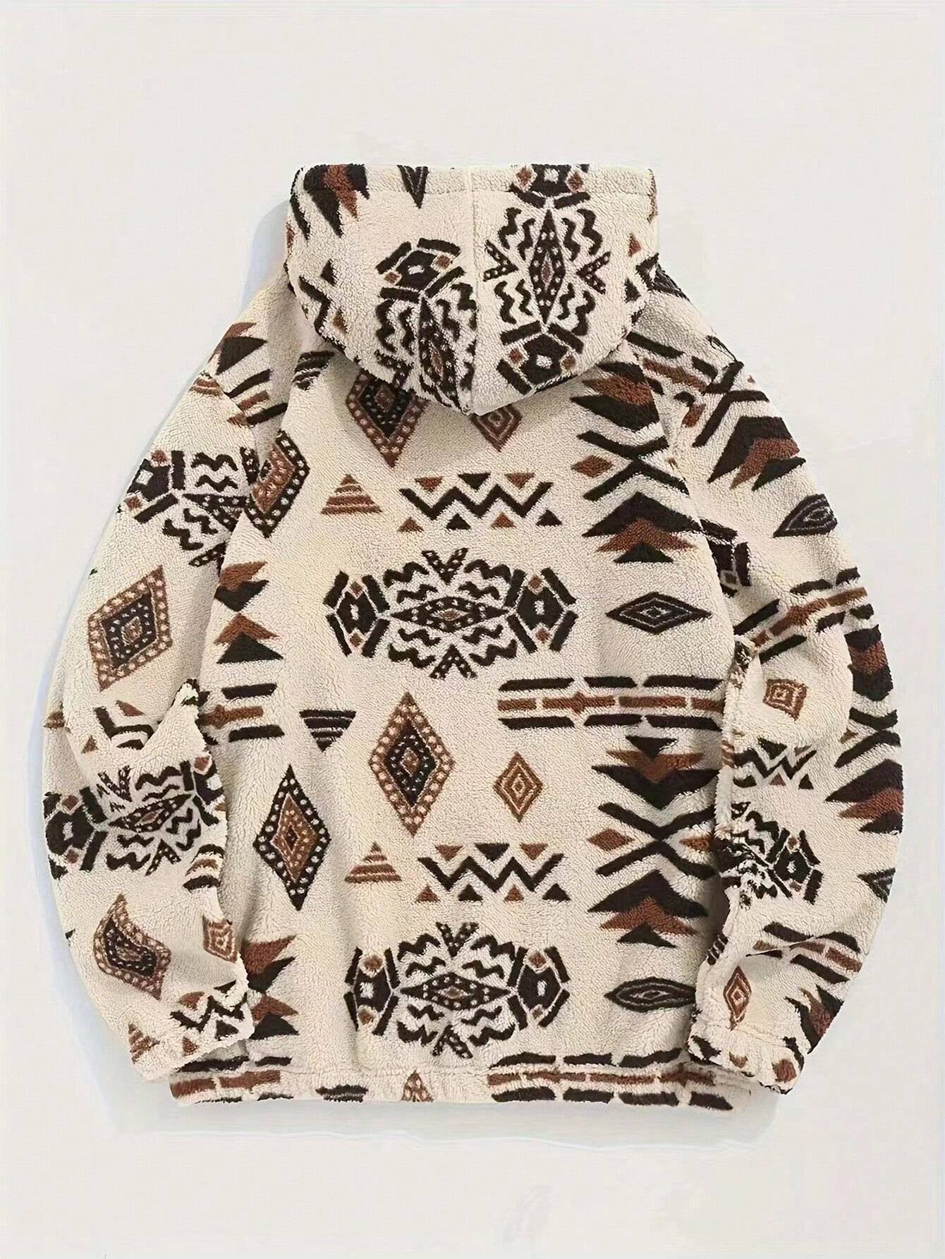 Men'S Totem Print Hooded Sherpa Fleece Sweatshirt