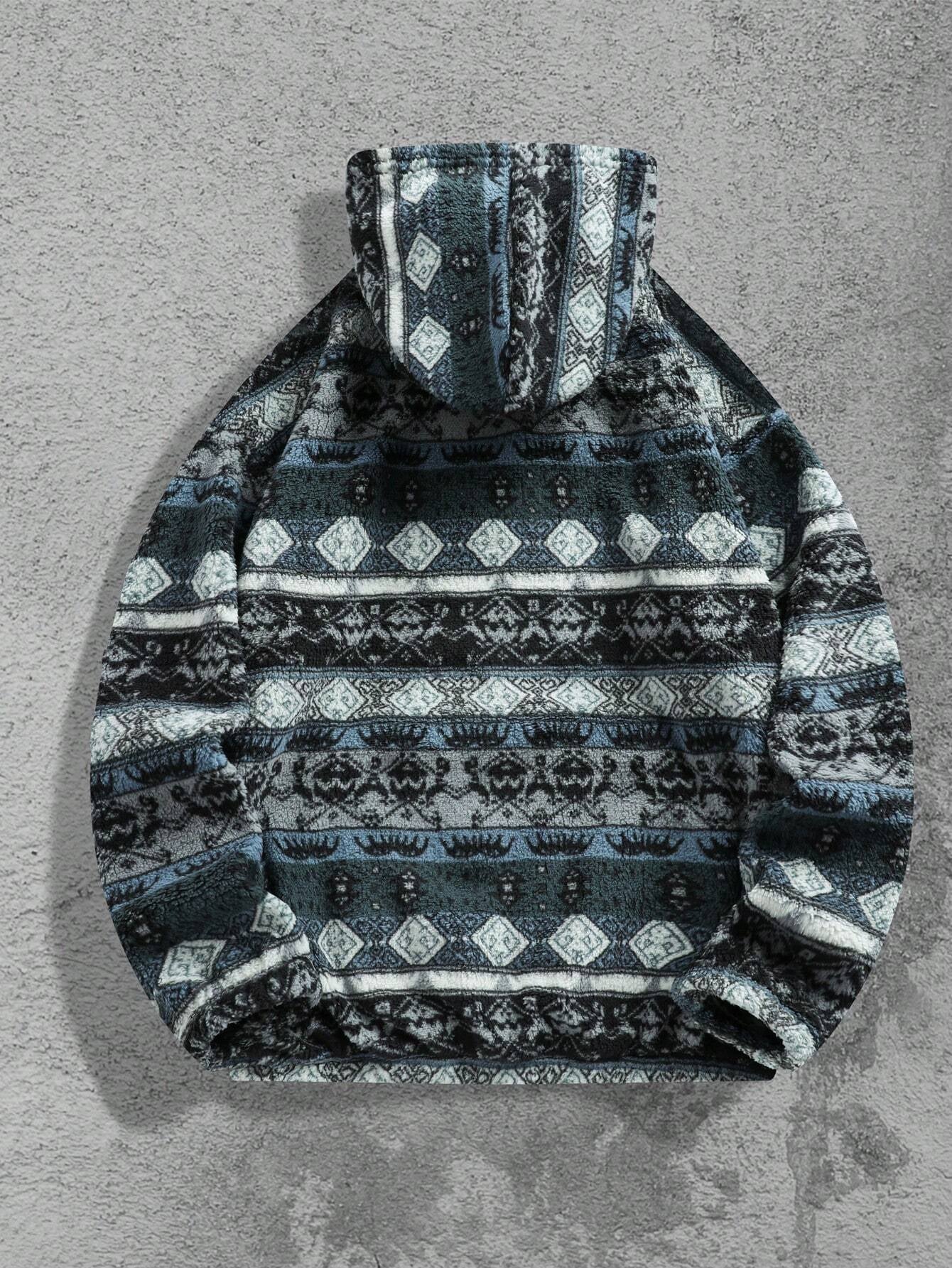 Men'S Totem Print Hooded Sherpa Fleece Sweatshirt