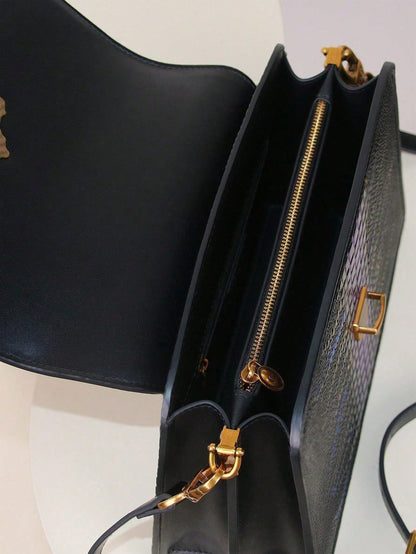 Luxury Custom 2025 New Vintage Women'S Handbag, Fashion Elaborate Luxurious Blue & Gold Snake Print Lock Ornament Tote Bag, Mature Style Shoulder & Crossbody Bag, Detachable Handle