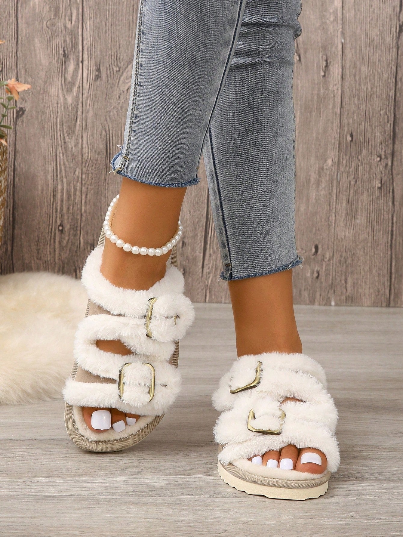 Women'S House Slippers with Belt Buckle, Plush Open Toe Indoor Home Shoes