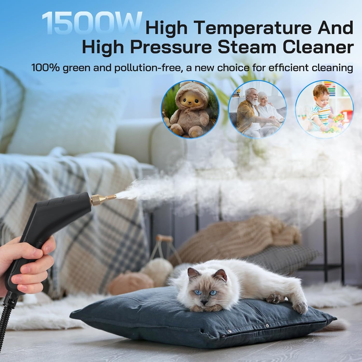 7 in 1 Handheld Steam Cleaner, 1500W Portable High Pressure Steam Cleaner, 1.2 L Water Tank, Handheld Car Steam Cleaner with 4 Brush Heads for Upholstery, Grouting, Tiles, Carpets, Bathrooms, Car