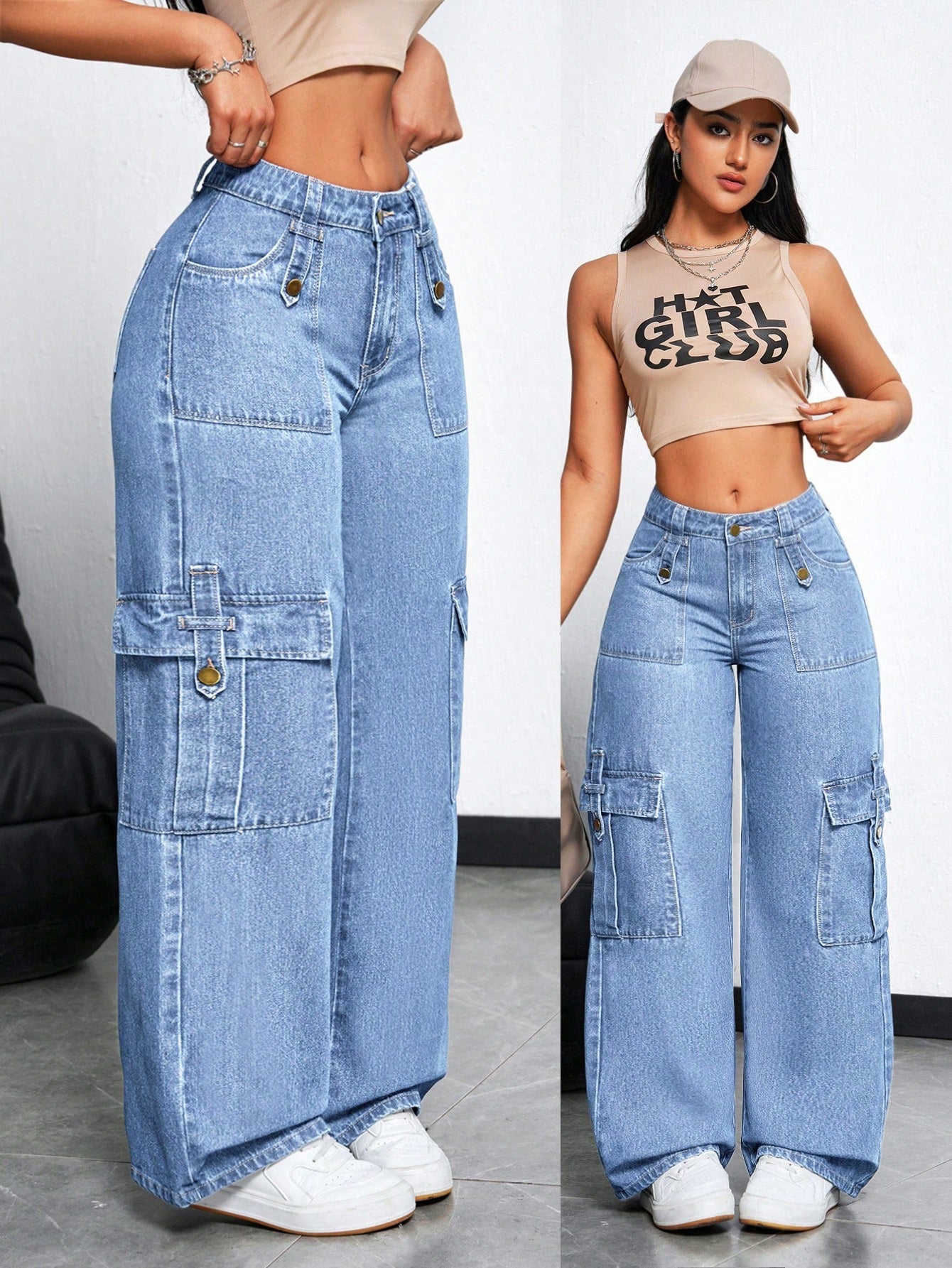 ICON Women'S Front Button Simple Multi-Pocket Casual Wide Leg Jeans, Daily Wear