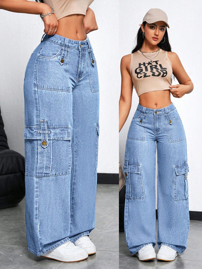 ICON Women'S Front Button Simple Multi-Pocket Casual Wide Leg Jeans, Daily Wear