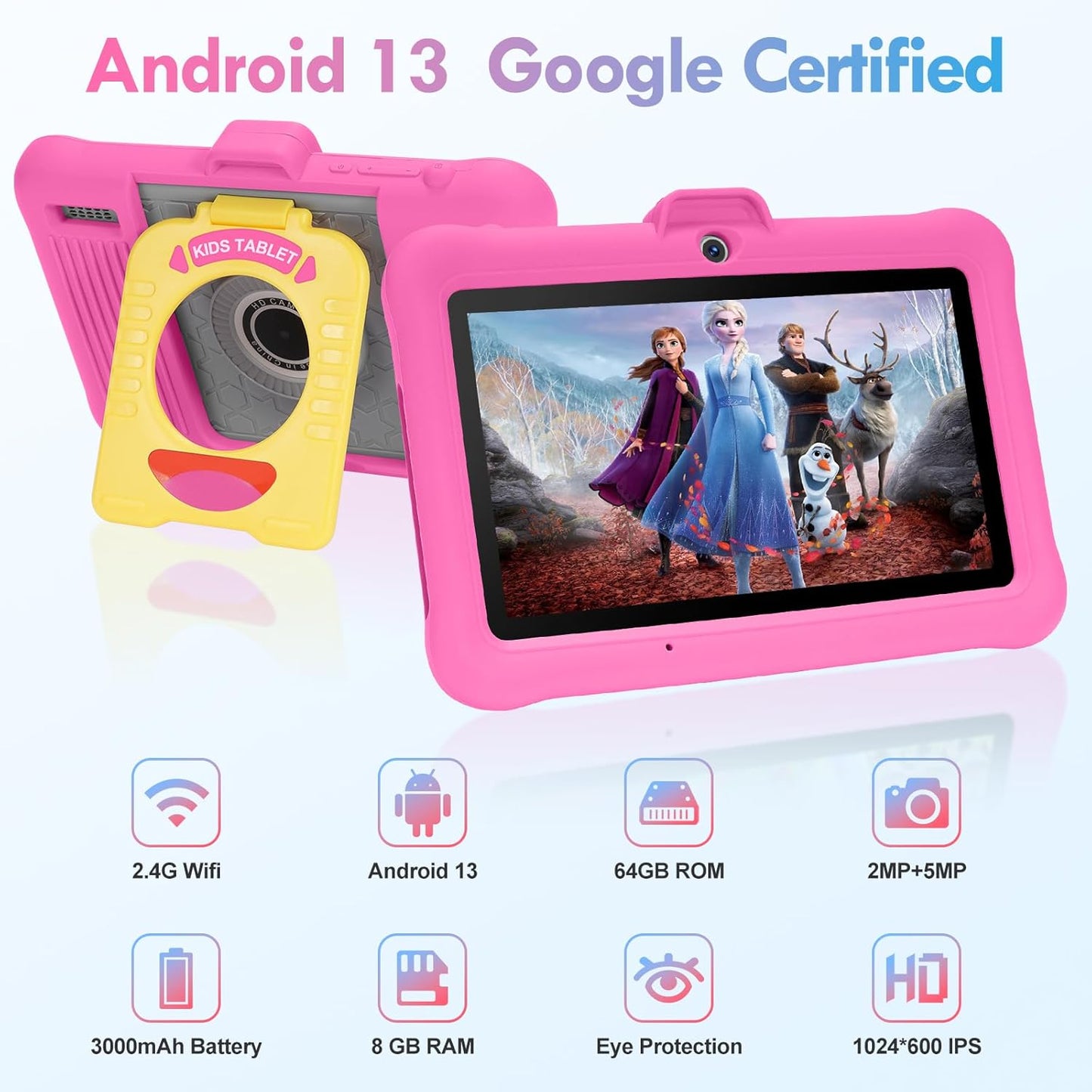 7 Inch Android Kids Tablet, GMS Certified, Pre-Installed Apps, Educative, Parental Control, (Pink)