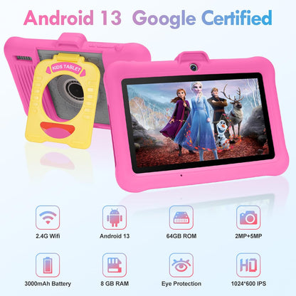7 Inch Android Kids Tablet, GMS Certified, Pre-Installed Apps, Educative, Parental Control, (Pink)