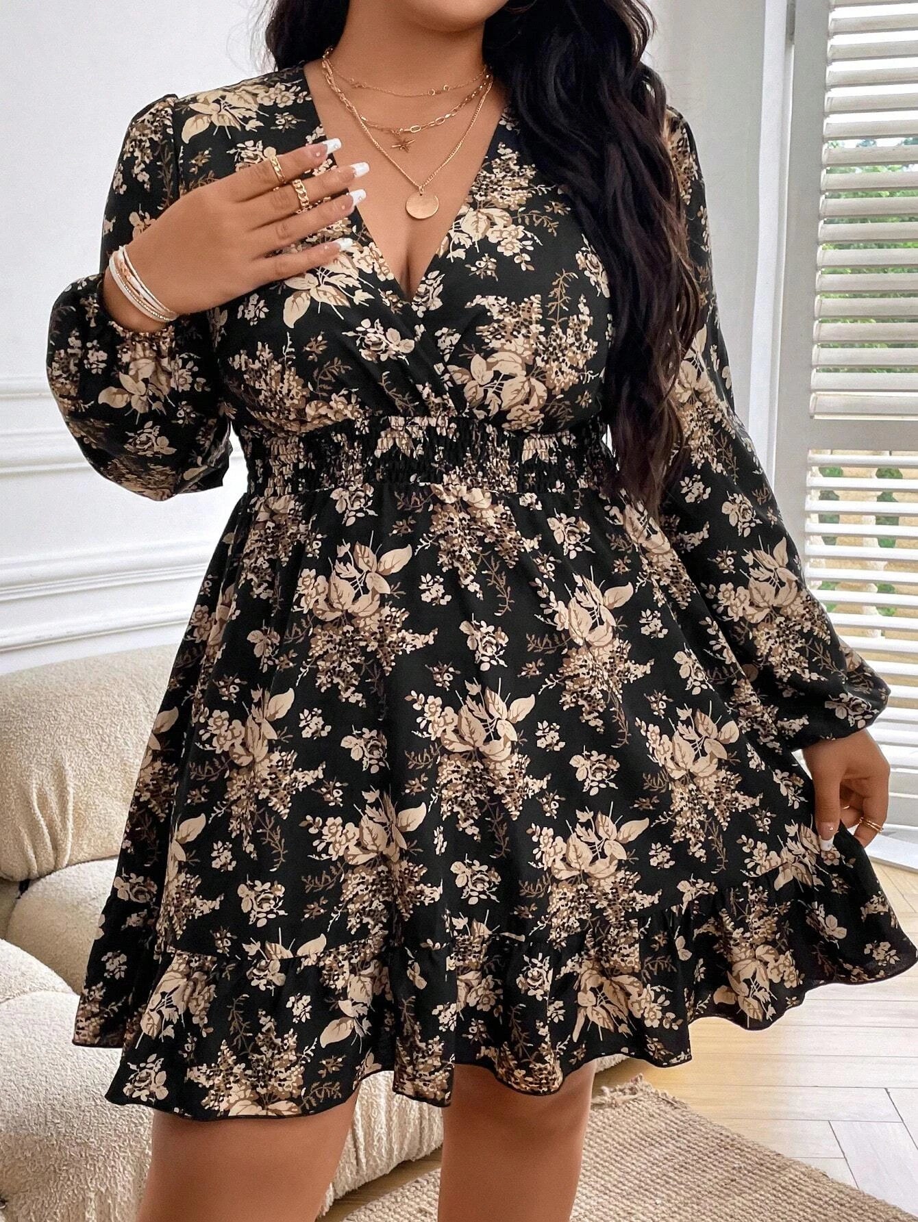 Plus Size Floral Print Lantern Sleeve Dress with Ruffle Hem by LUNE