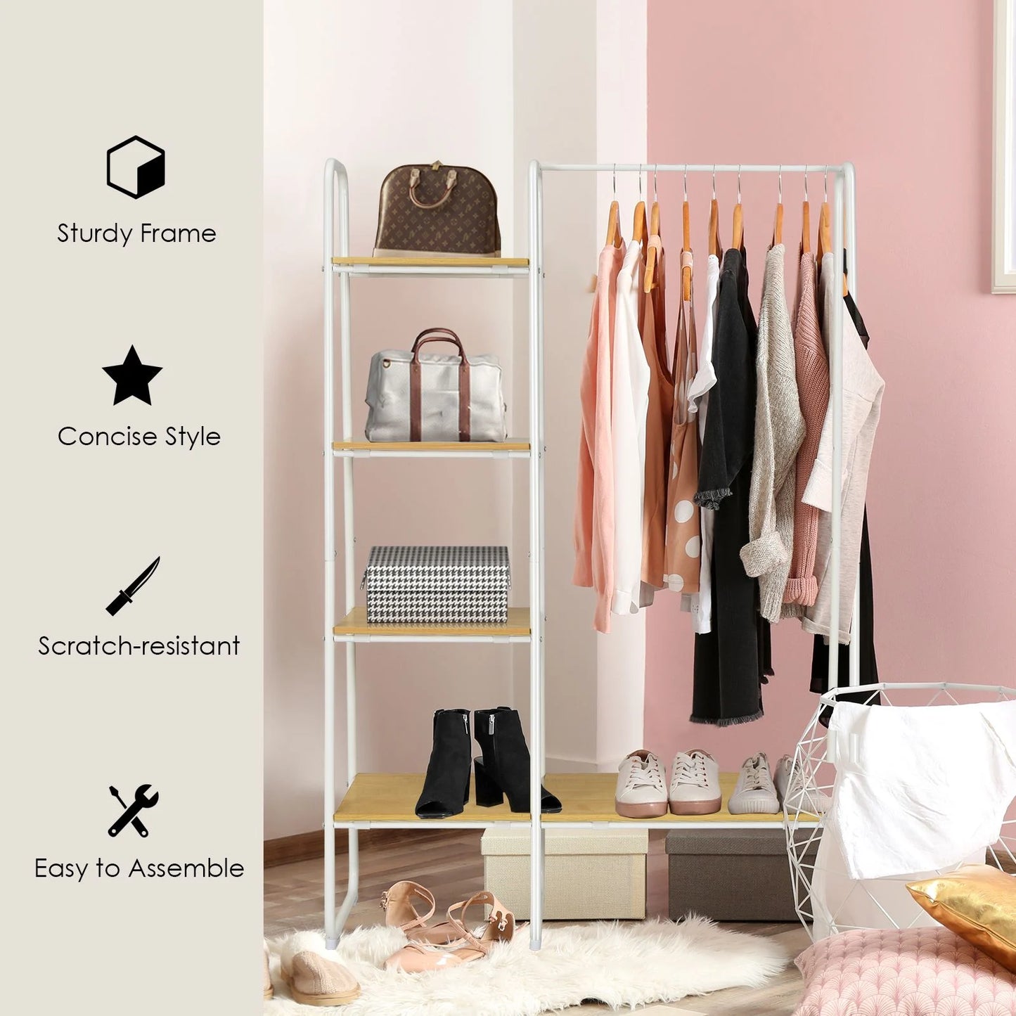 Free-Standing Clothing Rack with Five-Tier Wooden Shelves