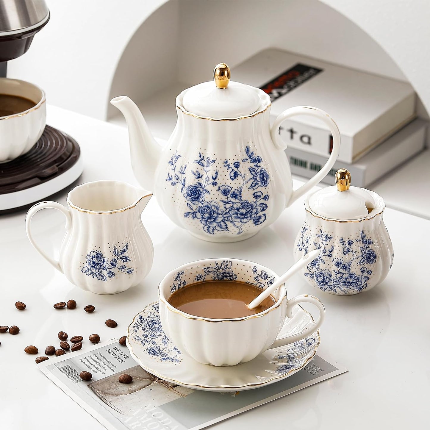 22Pcs Rose Porcelain Tea Set for Coffee,Tea Blue Porcelain Tea Cup Set