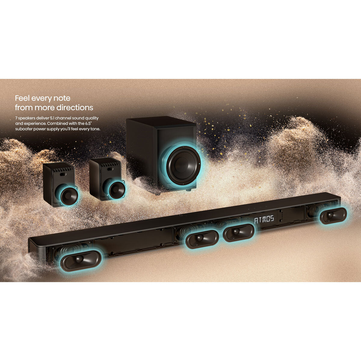 AX5100G Premium 5.1 Channel Soundbar System with Wireless Subwoofer and Dual Rear Speakers for an Immersive Audio Experience