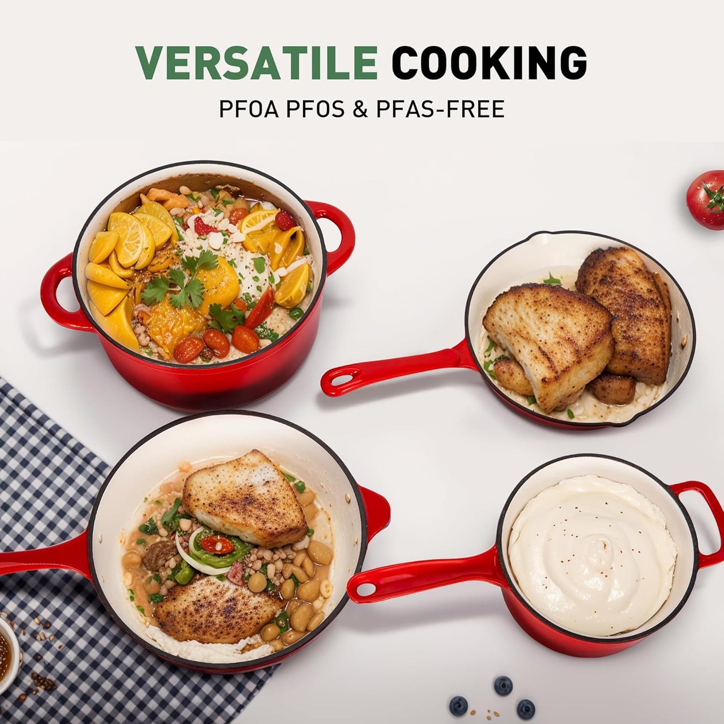 Enameled Cast Iron Cookware Sets - 7 Pieces Induction Hob Pans Set & Dutch Oven Sets, Ceramic Non Stick Pots and Pans Set, Pfoa&Pfos-Free