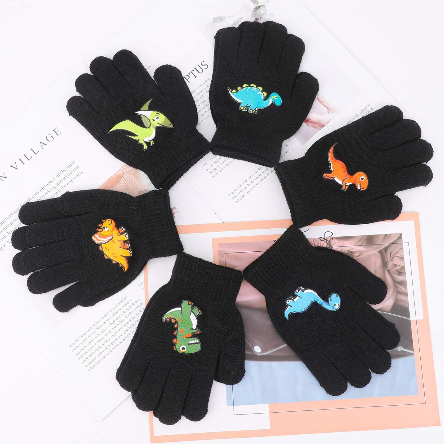 6 Pairs Children'S Magic Gloves, Winter Thermal Kid’S Full Fingers Gloves Dinosaurs/Excavator Pattern Fit for Boys Girls
