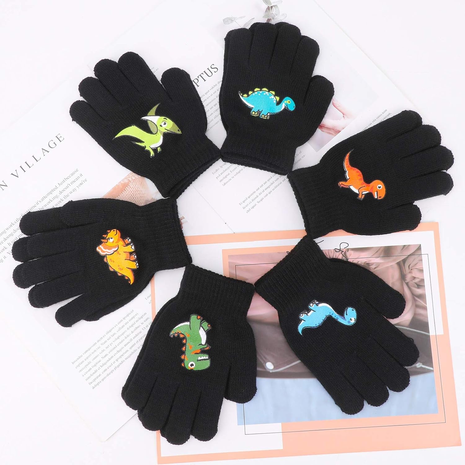 6 Pairs Children'S Magic Gloves, Winter Thermal Kid’S Full Fingers Gloves Dinosaurs/Excavator Pattern Fit for Boys Girls