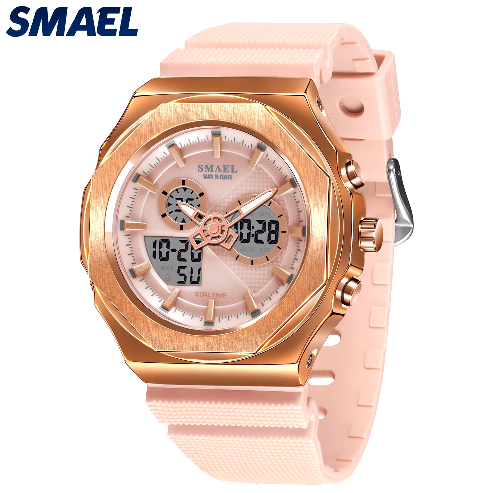 SMAEL Women's 50M Waterproof Sport Watch - Pink Dual Time Display Digital LED Backlight Gift for Her 8102