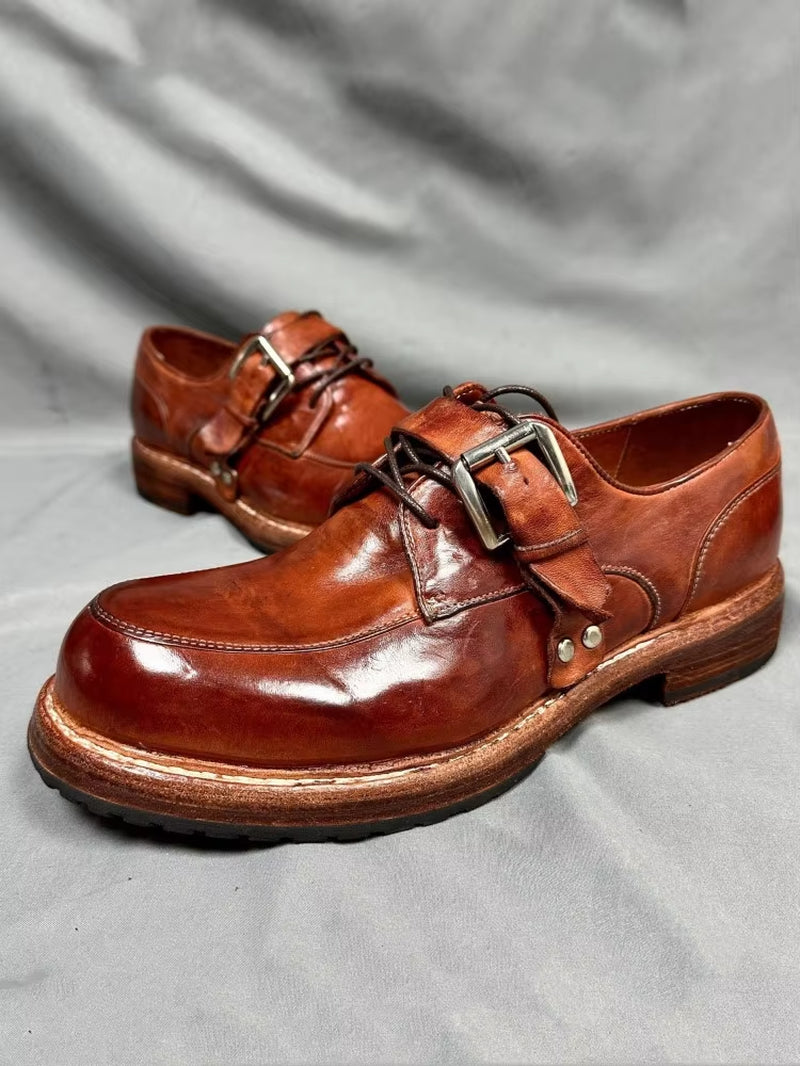 Handmade Mens Horsehide Genuine Leather Derby Shoes Thick Bottom Vintage Dress Shoes British Style round Toe Work Cargo Shoes