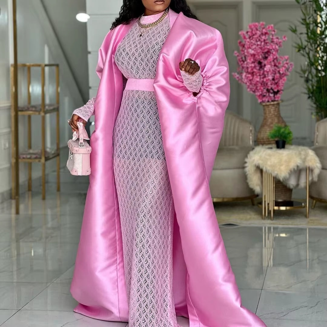 Two Pieces Set Loose Africa Clothing Kaftan Boubou Maxi Gown for Women inside Lace Dresses with Cape Occasion Autumn New Fashion