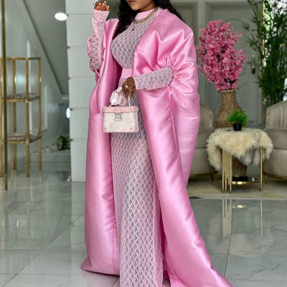 Two Pieces Set Loose Africa Clothing Kaftan Boubou Maxi Gown for Women inside Lace Dresses with Cape Occasion Autumn New Fashion