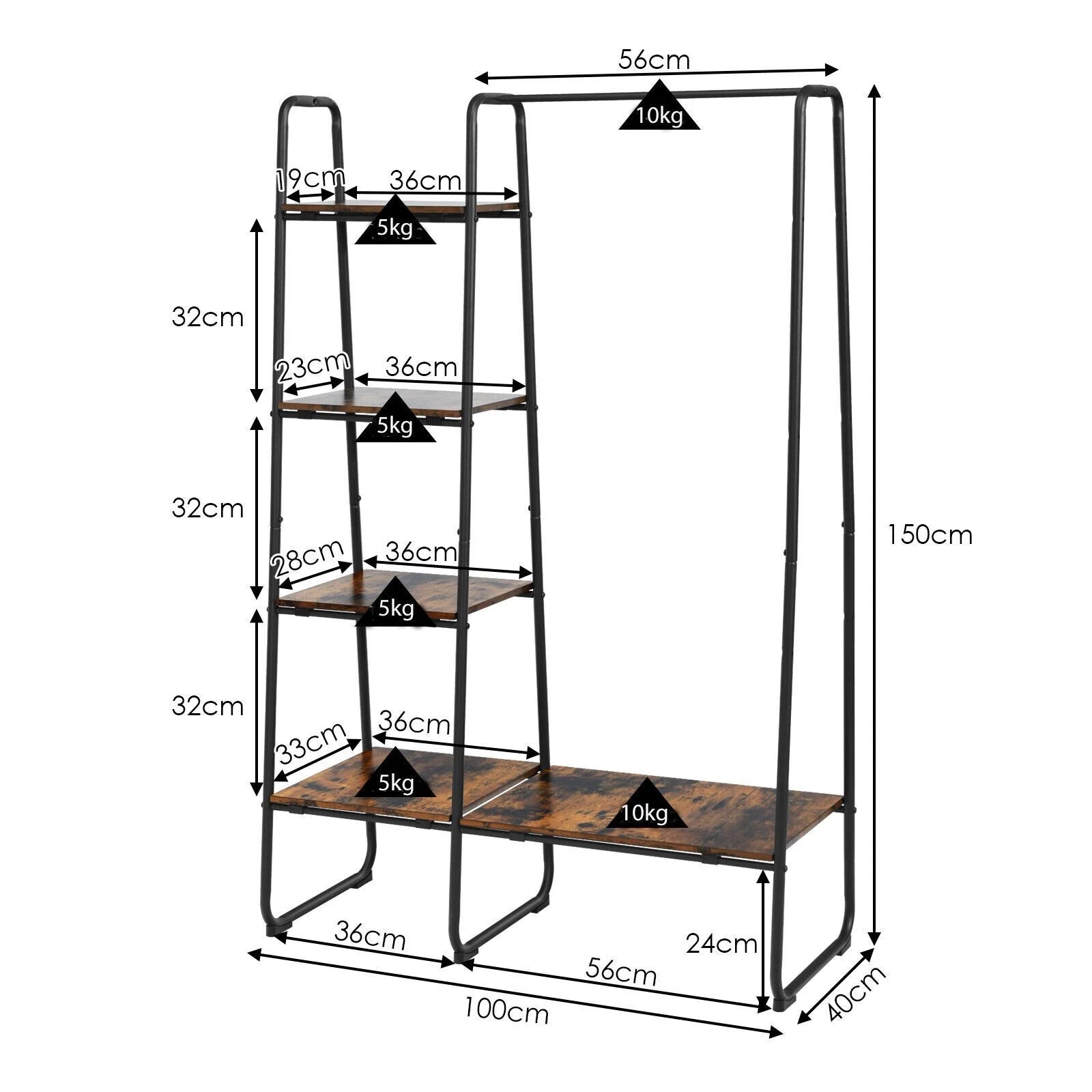 Free-Standing Clothing Rack with Five-Tier Wooden Shelves