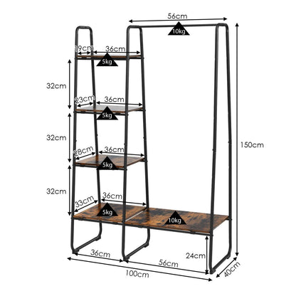 Free-Standing Clothing Rack with Five-Tier Wooden Shelves