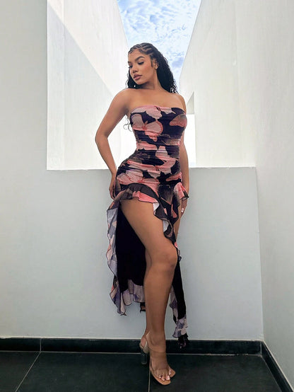 SXY Summer Butterfly Print Flared High-Low Bandeau Bodycon Dress
