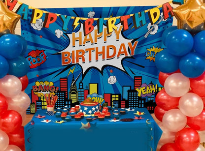 Superhero Cityscape Photo Backdrop 2.4X1.8M Super Hero Party Blue Background Boy Birthday Decoration Banner Background Kids Photo Hero City Birthday Party Decorations