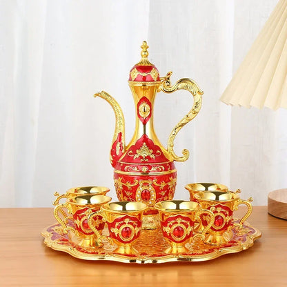 1Set Vintage Metal Turkish Coffee Pot Set European Style Tea Set 6 Luxury Coffee Cups Craft Tea Tray and Teapot for Serving Tea