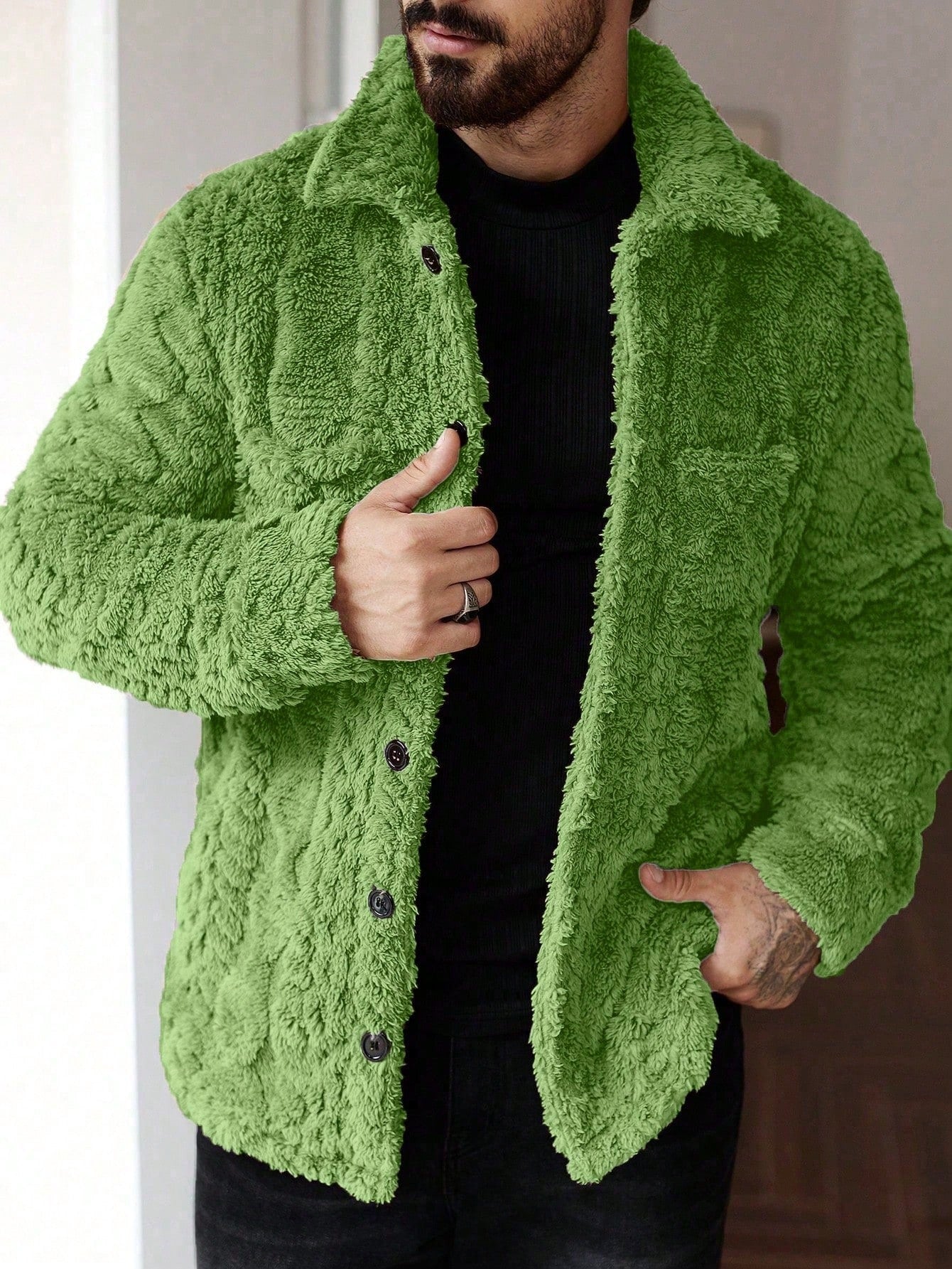 Manfinity Homme Men'S Casual Solid Color Fuzzy Jacket for Autumn/Winter ,Men Flannel,Winter Men Jacket, Going Out Warm Long Sleeve Jacket, for Friends, Husband, Boyfriend Gifts
