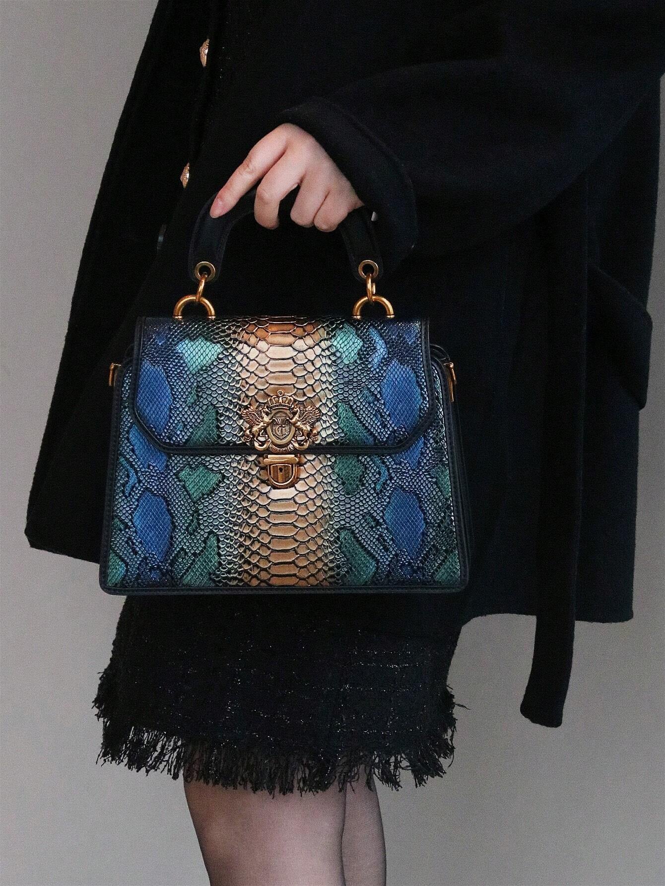 Luxury Custom 2025 New Vintage Women'S Handbag, Fashion Elaborate Luxurious Blue & Gold Snake Print Lock Ornament Tote Bag, Mature Style Shoulder & Crossbody Bag, Detachable Handle