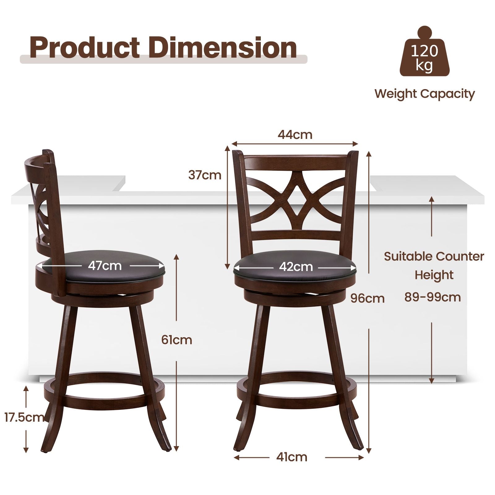 Swivel Counter Height Bar Stools with Backrest and Footrest - 61/74 cm