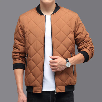 Fashion Rhombic-Sewing Design Cotton Coat Winter Warm Thickened Baseball Jacket Casual Solid Color Outwear Clothing for Men