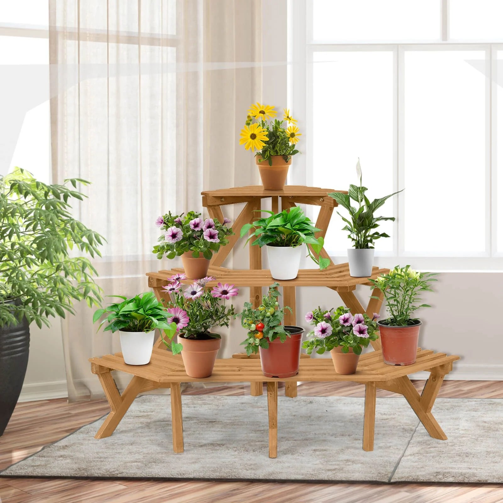 Three-Tier Wooden Plant Stand for Indoor and Outdoor Gardening Applications