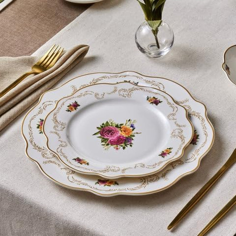 Antique Plates and Bowls Set for 6 People, White Dinner Set, Complete Kitchen Tableware Collection, Colourful Flower Design, Bone China, 24 Piece
