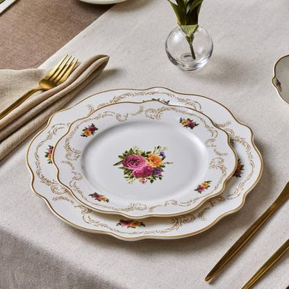 Antique Plates and Bowls Set for 6 People, White Dinner Set, Complete Kitchen Tableware Collection, Colourful Flower Design, Bone China, 24 Piece