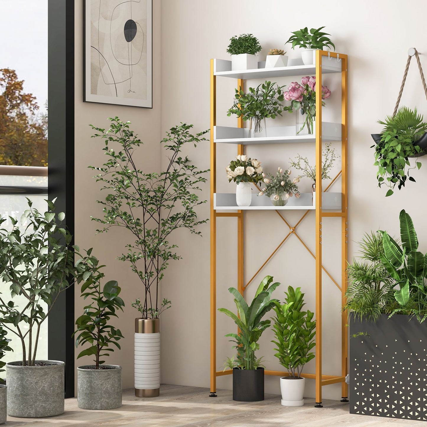 Three-Tier Over-the-Toilet Storage Rack with Four Hooks and Adjustable Base Bar